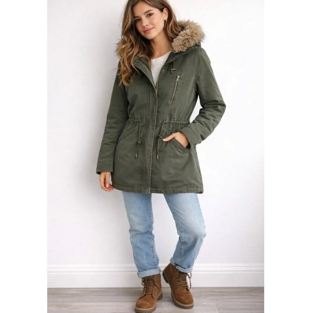 Banana Republic Faux Fur Twill Parka Women S Military Green Warm Cozy Gorpcore